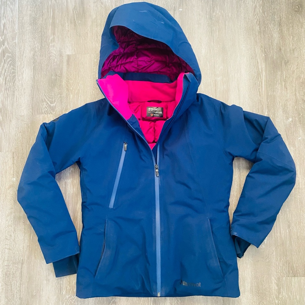 MARMOT WARMCUBE CORTINA WOMENS JACKET SIZE S/P ARCTIC NAVY. 800-FILL INSULATION
